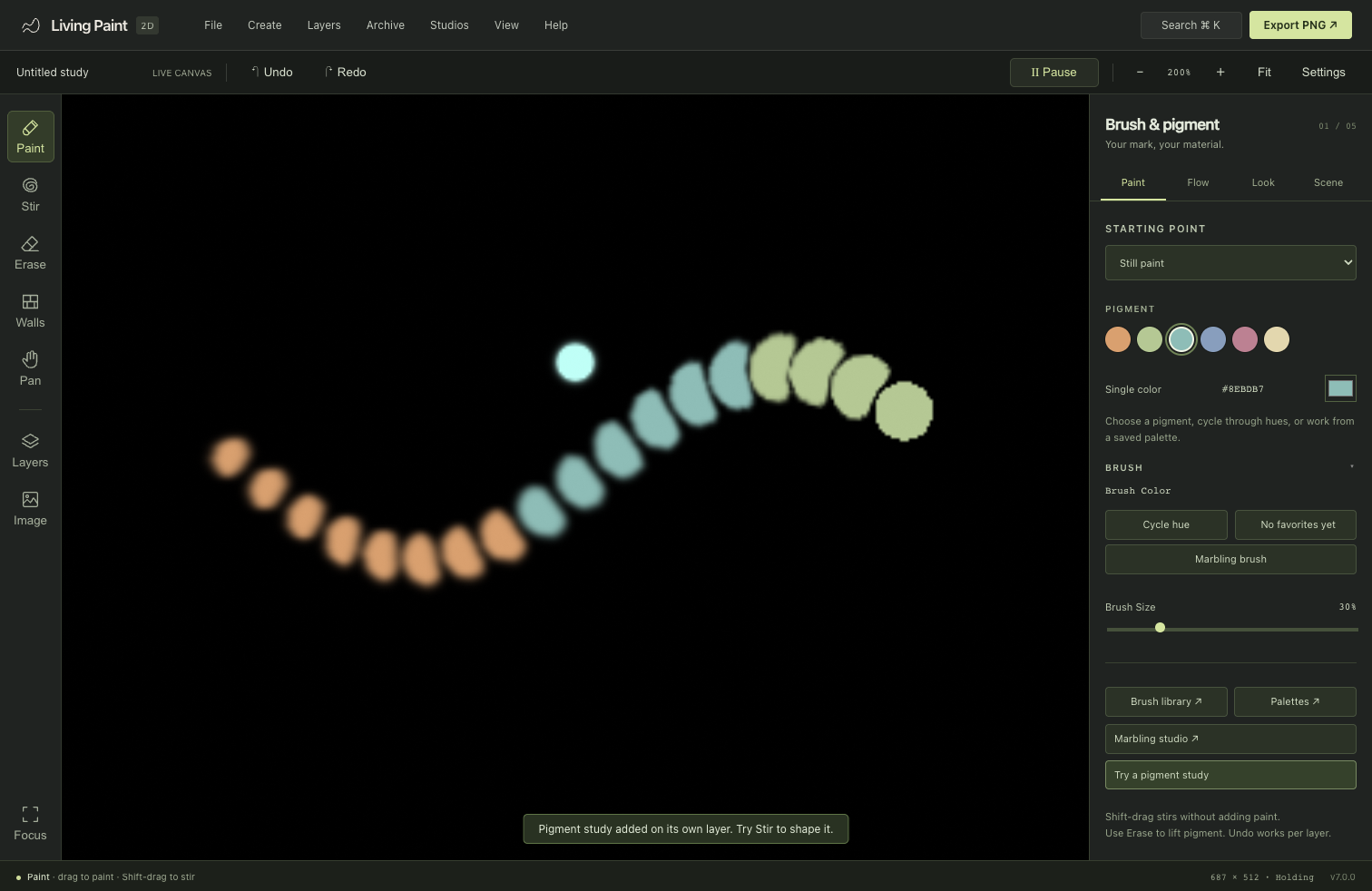 Actual Living Paint interface with a flowing pigment study