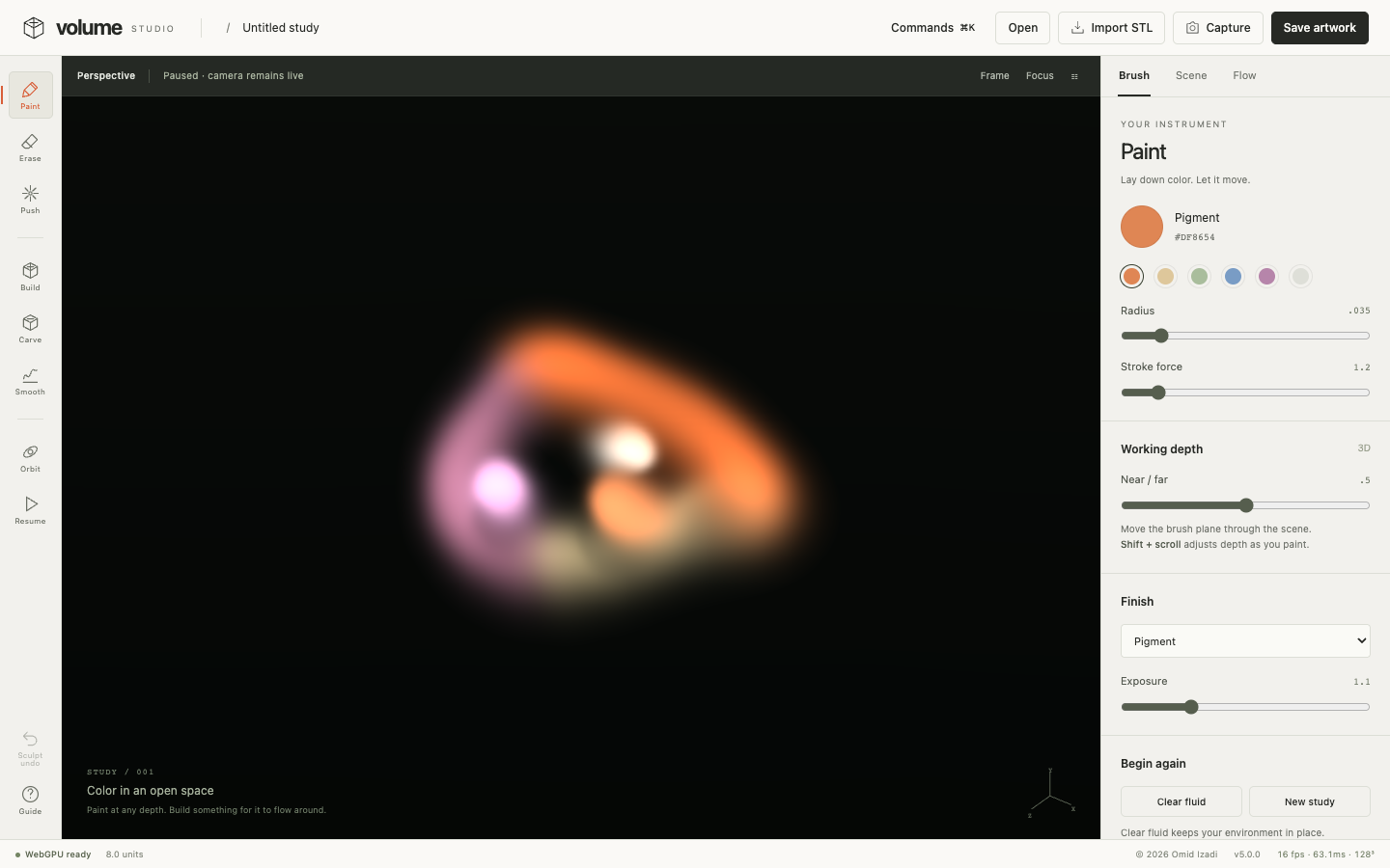 Actual Volume Studio interface showing volumetric colored dye